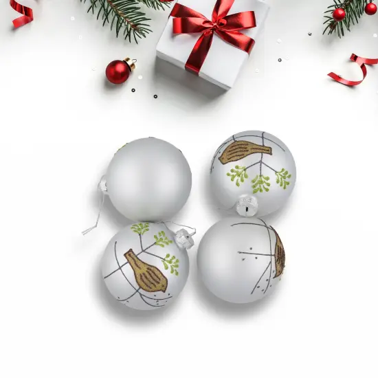 Northlight Glitter Bird Christmas Glass Ball Ornaments - 4" (100mm) - White and Gold - Set of 4 {4}