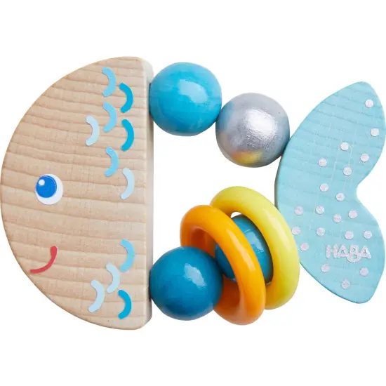HABA Rattlefish Wooden Baby Rattle and Teething Toy with Plastic Rings, Teething Toys 6-12 months, Grasping Toy for Babies, Made in Germany Multicolor {1}