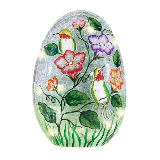 Collections Etc LED Lighted Hummingbird Floral Crackled Glass Egg Decoration {2}