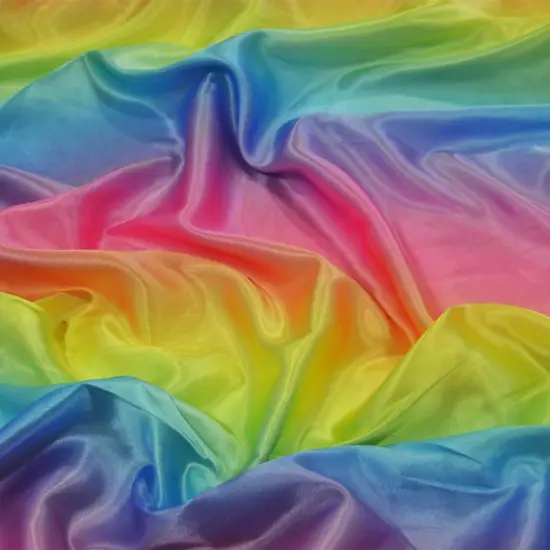 Multi Color Rainbow Satin Fabric 60" Wide Silky Charmeuse with Ombre Color Wave Purple Orange Rainb {2}