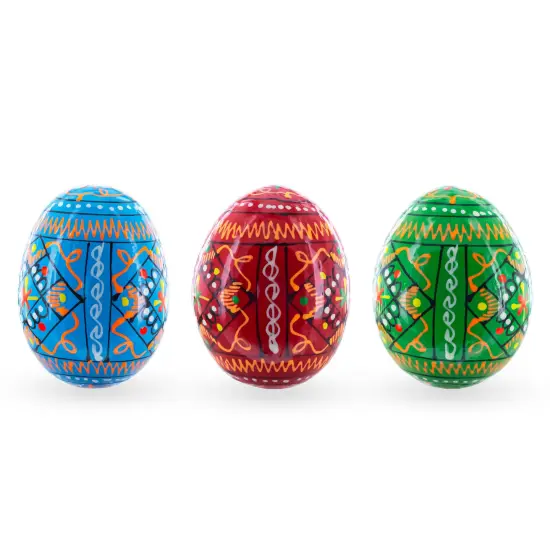 Set of 3 Vibrant Geometric Ukrainian Pysanky Wooden Easter Eggs 2.5 Inches {4}