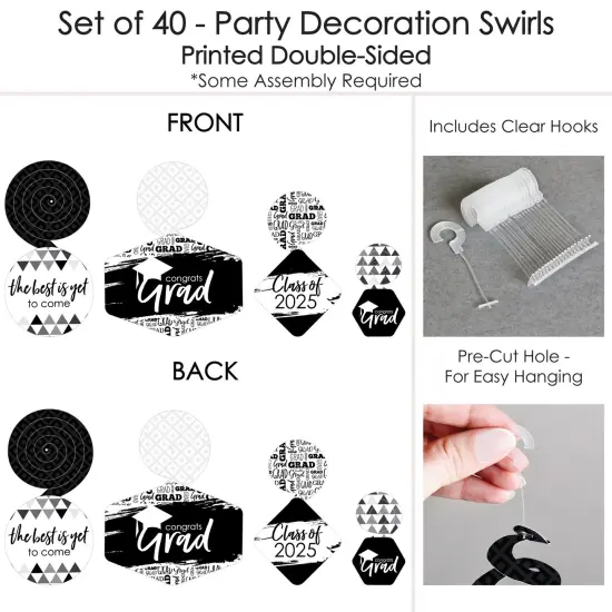 Big Dot of Happiness Black and White Graduation Class of 2025 Decorations Hanging Swirls - Set of 40 {7}