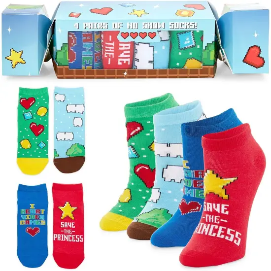 4-Pair Video Game Lovers Low Cut Socks for Boys, Fun Gift Set (Size 4-10) {1}