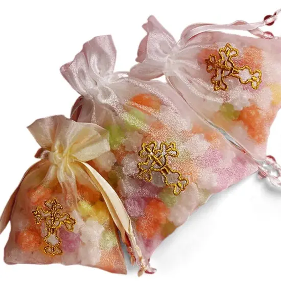 Golden Cross Embroidered Organza Bags 4'' x 6'' Favors {4}
