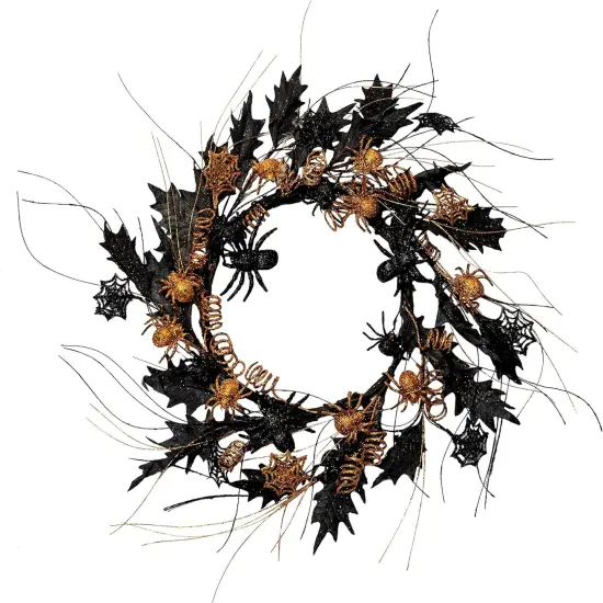 22 Inch Black Halloween Spider Wreath with Mapple Leaves {1}