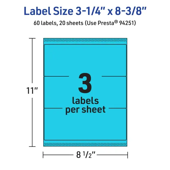Avery Bright Blue Paper Labels, 3-1/4" x 8-3/8" Rectangle {5}