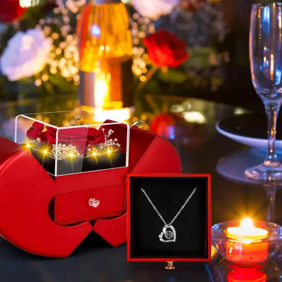 Preserved Red Real Rose with Necklace, Birthday Gifts for Women - Red {4}