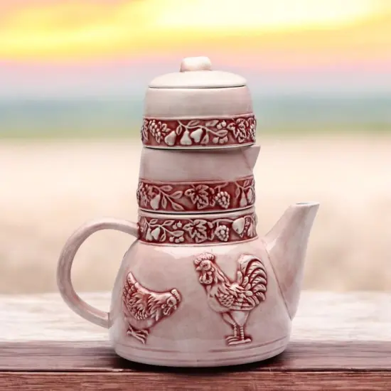 Ceramic Rooster Teapot with Sugar and Creamer Set, Farmhouse Kitchen Decor, Gift for Her {1}