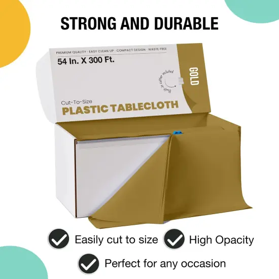  Party Solids 54" x 300' Plastic Table Cover Roll with Slide Cutter &ndash; Cut-to-Size Dispenser Box &ndash; Makes Up to 36 Disposable 8' Rectangle Tablecloths by Exquisite Gold {3}