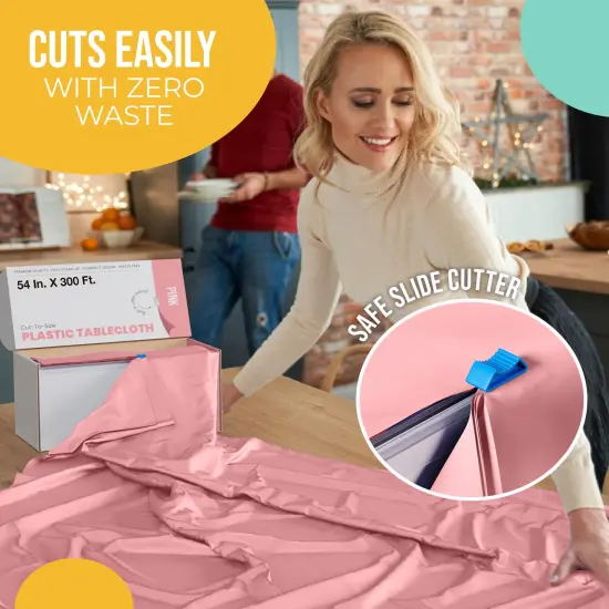  Party Solids 54" x 300' Plastic Table Cover Roll with Slide Cutter &ndash; Cut-to-Size Dispenser Box &ndash; Makes Up to 36 Disposable 8' Rectangle Tablecloths by Exquisite Pink {5}