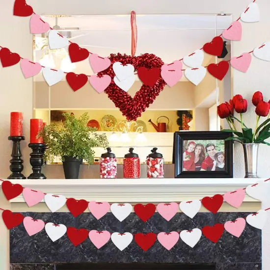 Felt Heart Garland Banner, Pre-Strung | Valentines Decorations | Red Pink White Valentines Banner | Anniversary Wedding Birthday Party Decorations | Outdoor Home Hanging Valentines Decor {2}