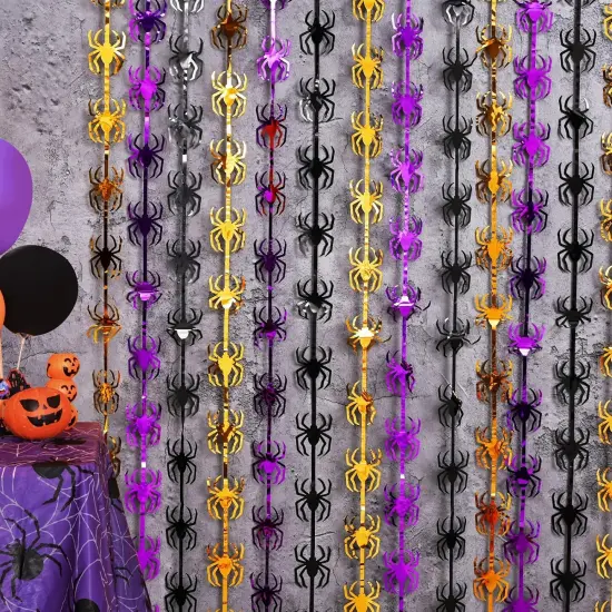 2 Pack Orange Purple and Black Spider Tinsel Foil Fringe Curtains()Orange Purple Black {4}