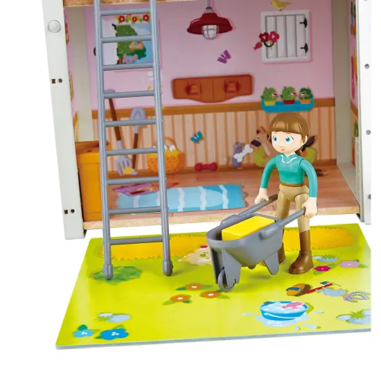 Hape: Pony Club Ranch - Wooden 2 Level Barn Dollhouse, White & Red, Horse & Rider Figures, Open & Reveal, Rope Handle, 13.8"x11.4"x9.4", Kids Ages 3+ {6}