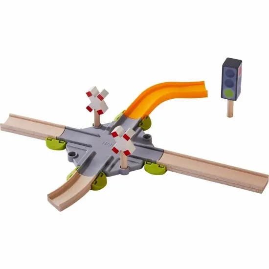 HABA Kullerbu Expansion Set - Intersection - 12 Piece Add-on Includes Railway Crossing, Traffic Signals and Allows Track to Expand in 4 Directions Multicolor {1}