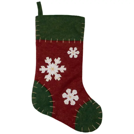 Northlight 20" Green and Red Snowflake Christmas Stocking with Blanket Stitching {3}