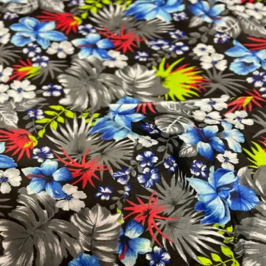 1 Yard Hawaiian Print Poly Cotton Fabric, 58" Wide Lightweight Printed Material for Apparel Use Black {1}