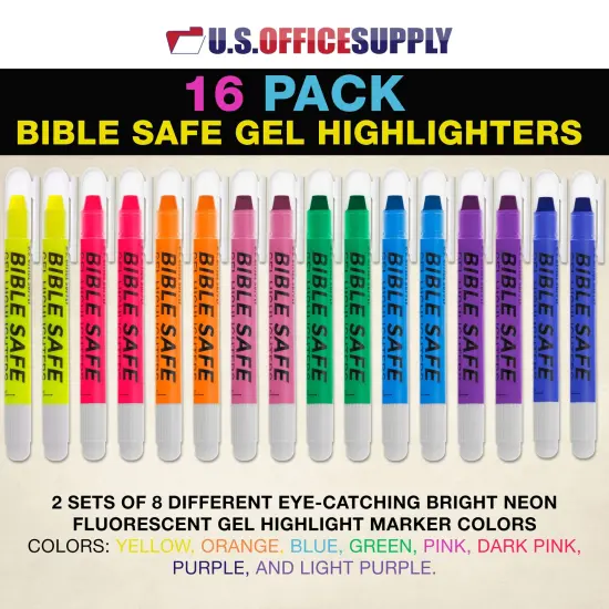U.S. Office Supply Bible Safe Highlighter Set of 16, 2 Sets of 8 Bright Flouresent Colors, Dry Bible Highlighters No Bleed, Fade or Smear, Safe Gel Markers, Accessories, Study Guide {2}