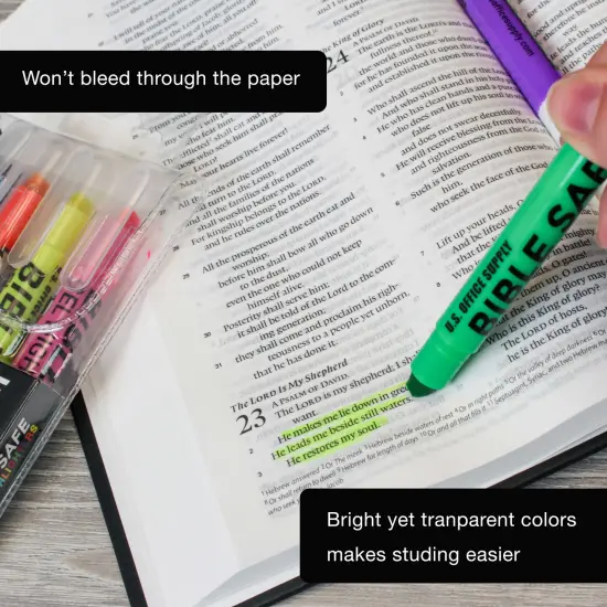 U.S. Office Supply Bible Safe Highlighter Set of 6 Bright Flouresent Colors, Dry Bible Highlighters No Bleed, Fade or Smear, Safe Gel Markers, Accessories, Study Guide {6}