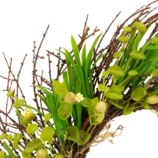 Northlight Budding Flowers, Leaves and Twigs Artificial Floral Wreath - 20" - Yellow Green {5}