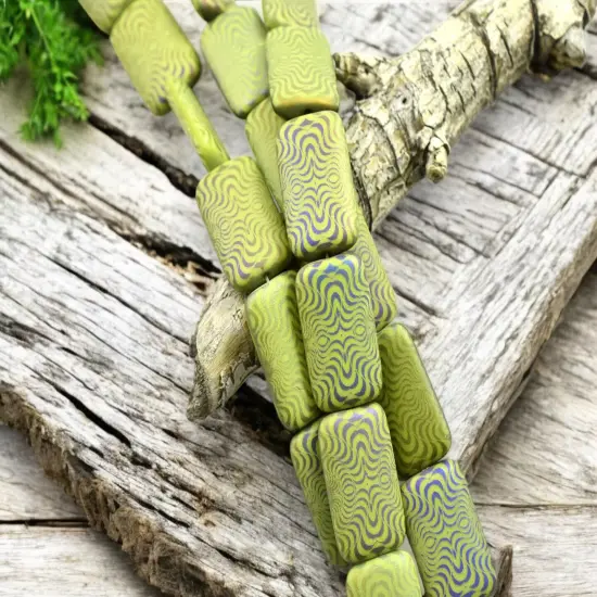 *6* 18x12mm Laser Etched Matte Chartreuse Rainbow Rectangle Beads {2}