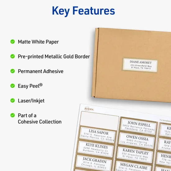 Avery Printable Address Labels, 1" x 2-5/8", Matte White with Metallic Gold Borders, Permanent, Laser & Inkjet Compatible, 300 Blank Mailing Labels (6507) {2}