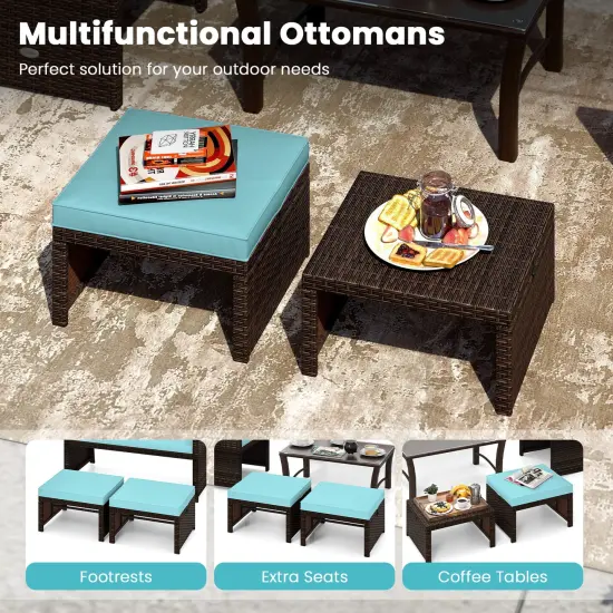 2 Piece Mix Brown Rattan Ottoman Footstool with Cushions, Metal Frame and 400 lbs Capacity Turquoise {6}