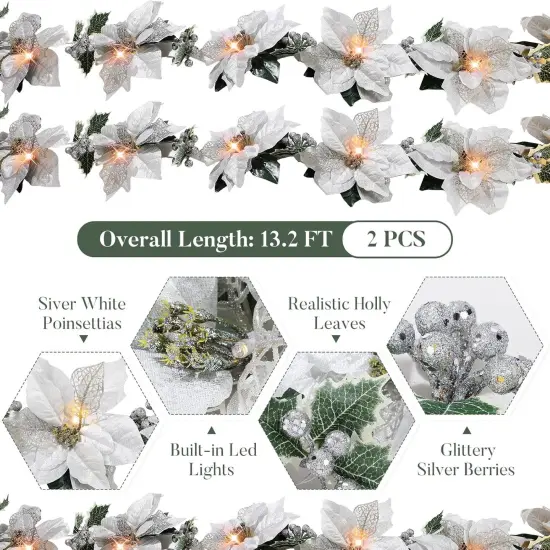2 Pcs Prelit Poinsettia Winter Christmas Garland with String Lights {2}