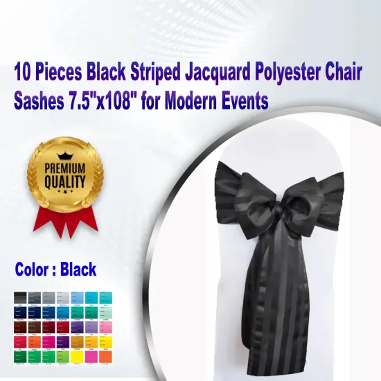 10 Pieces Black Striped Jacquard Polyester Chair Sashes 7.5"x108" for Modern Events {1}