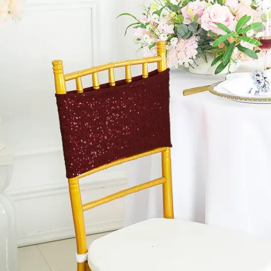 10 Pieces Elegant Burgundy Sequin Stretch Spandex Chair Bands 7 x 13 Inches {2}