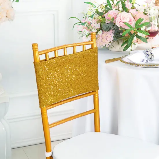10 Pieces Glamorous Gold Sequin Stretch Spandex Chair Bands 7 x 13 Inches {2}