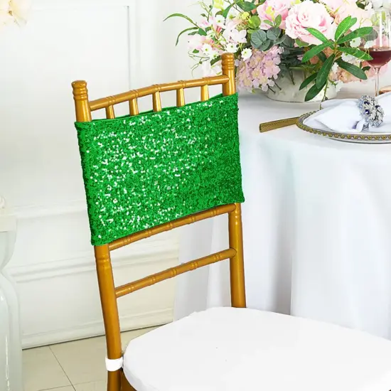 10 Pieces Radiant Emerald Green Sequin Stretch Spandex Chair Bands 7 x 13 Inches {2}
