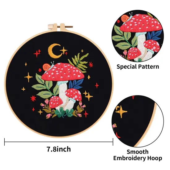 Nuberlic 3 Pack Embroidery Kit for Beginner Adults, Stamped Cross Stitch with Mushroom Patterns Include 3 Hoop, Cloth Thread Needles and Instructions {5}