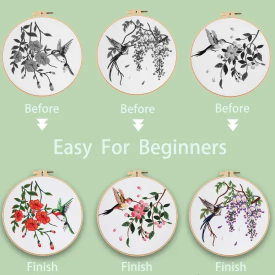 3 Sets Hummingbird Embroidery Kit for Beginners Needlepoint Kits for Adults Cross Stitch Kits with Clear Instructions,Easy Funny Stamped Bird Patterns Fabric Hand Crafts {3}