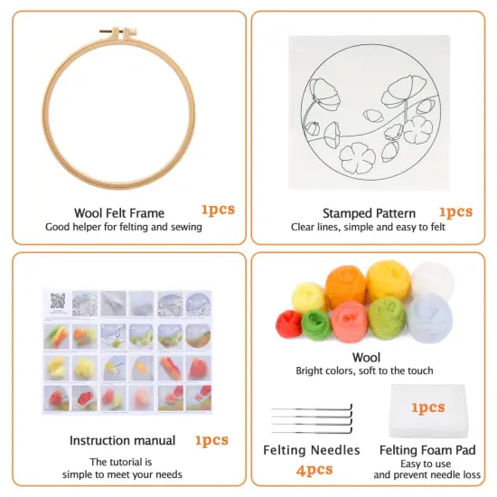 Mayboos Needle Felt Starter Set, Includes Wool Bag, Felting Needles, Foam Pad, Felt Cloth & Instructions, Pastoral Style Kit for Home Decoration {6}