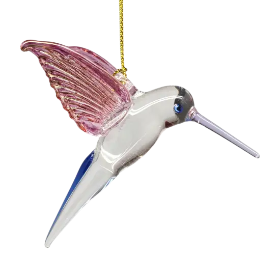 Feeding Hummingbird glass Ornament - Pink Wings / Blue Tail / Blue Beak {1}