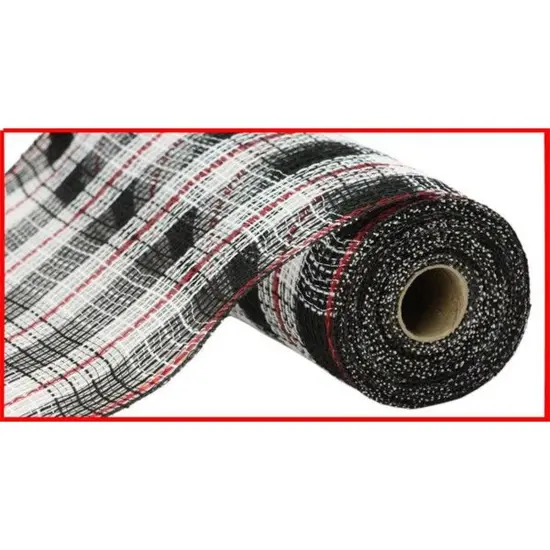 10.5" Faux Jute Check Foil Mesh Ribbon: Black/Red (10 Yards) {1}