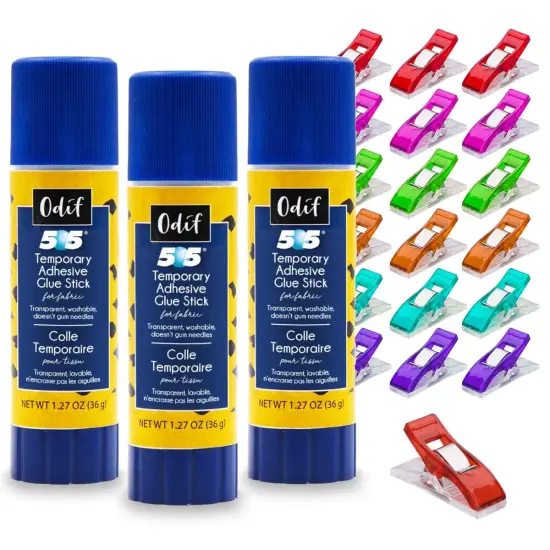 505 Temporary Fabric Glue Sticks (3-Pack) with 20 Pixiss Fabric Clips &ndash; Perfect for Sewing, Quilting, Appliqu&eacute;, and Crafting Projects &ndash; Repositionable Adhesive for Fabrics, Fast Drying {1}
