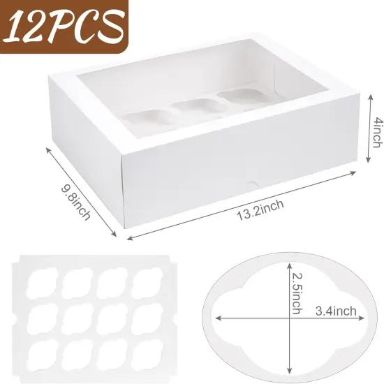 12PCS Cupcake Containers with Window, White Cupcake Holder with Insert Pastry Box 12 Count Holding 145 Cupcakes for Birthday Holiday Party Bakery Supplies {2}