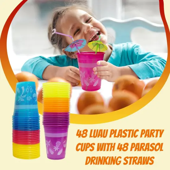 4E's Novelty 48 Pack Tropical Party Cups with Parasol Straws for Hawaiian Party Decor, Luau, Pool & Birthday Celebrations {6}