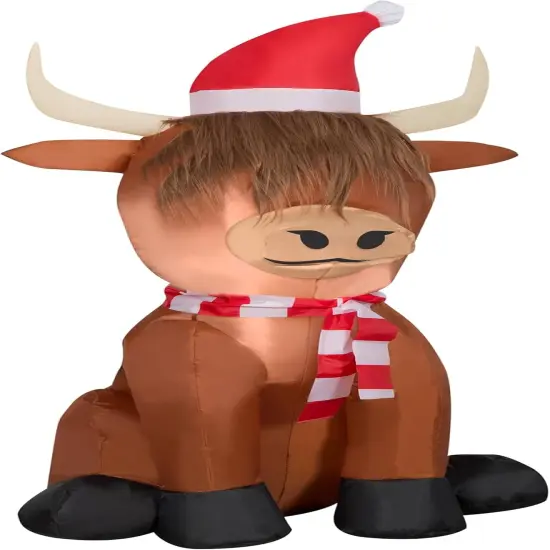 3.5' Gemmy Airblown Inflatable Christmas Highlander Cow w/ Santa Hat & Scarf Yard Decoration 881078 {1}