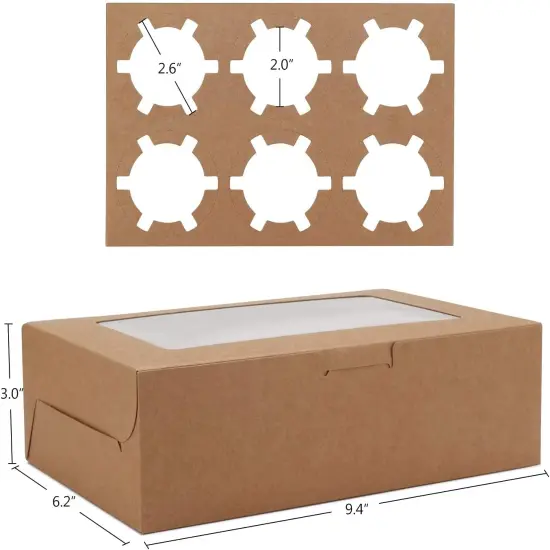 Cupcake Boxes, 50pcs 9.4" x 6.2" x 3.0" Food Grade Kraft Muffin Cupcake Box Carrier Packaging with Insert and Display Window, Cupcake Boxes Fits 6 Cupcakes or Muffins {3}