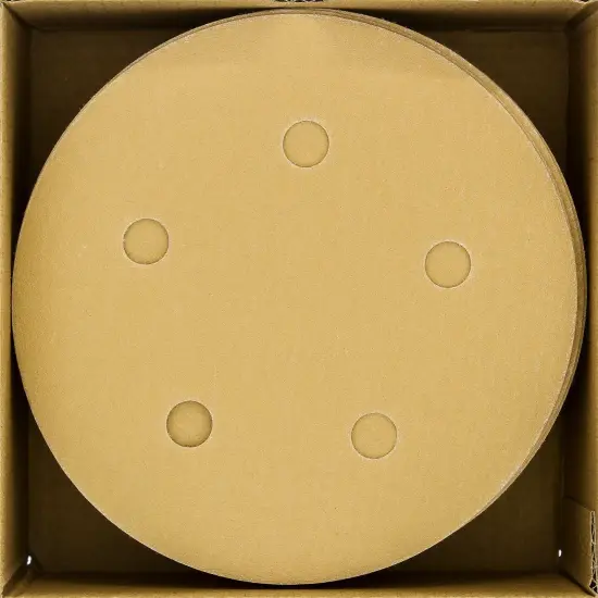 220 Grit - 5" Gold DA Sanding Discs - 5-Hole Pattern Hook and Loop - Box of 50 {2}