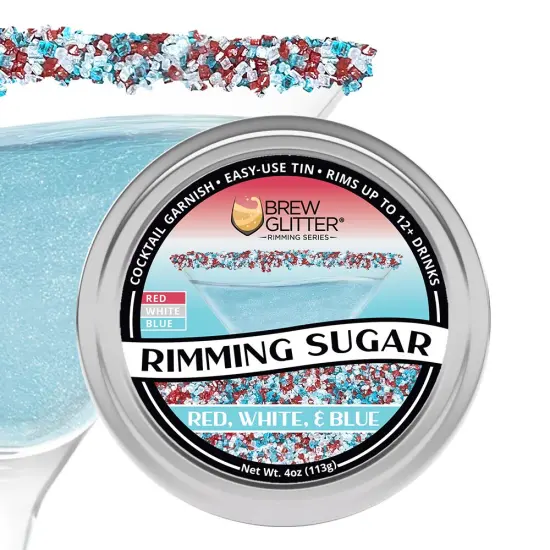 Brew Glitter - Red, White and Blue Pearl Rimming Sugar (4oz, 1x Bar Tin) Cocktail Garnish for Mixed Drinks & Refreshments {1}