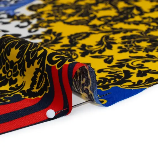 1 Yard Silk Charmeuse Patchwork Print Italian Made Red, Yellow, Blue & Greek Key, 53 Inches Width {2}