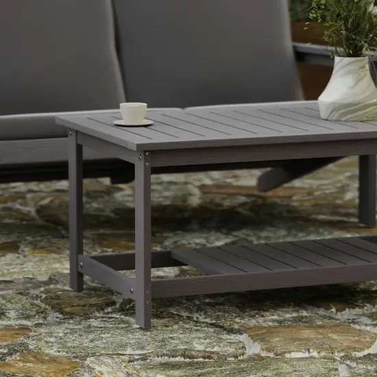 Merrick Lane Riviera All-Weather Poly Resin Wood Two Tiered Adirondack Slatted Coffee Conversation Table Gray {3}