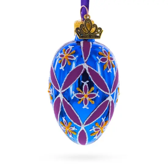Cobalt Blue with Pink and Yellow Floral Pattern Mini Glass Egg Ornament 2.9 Inches {1}