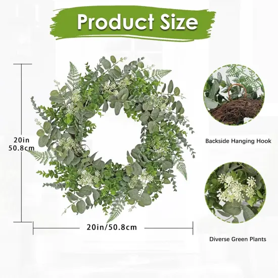 20in Eucalyptus Door Wreath Spring Greenery Wreath Artificial Hanging Foliage Wreath for Front Door Outside All Season Window Mantle Farmhouse Home Decor {4}