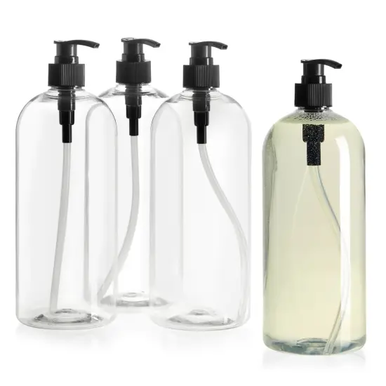 Okuna Outpost 34 oz Pump Bottles for Shampoo and Conditioner, 4 Pack Refillable Empty Shampoo Bottles, No-Spill, Clear Large Soap Dispenser with Black Pumps, Use for Hand Soap, Body Wash, Lotion {1}