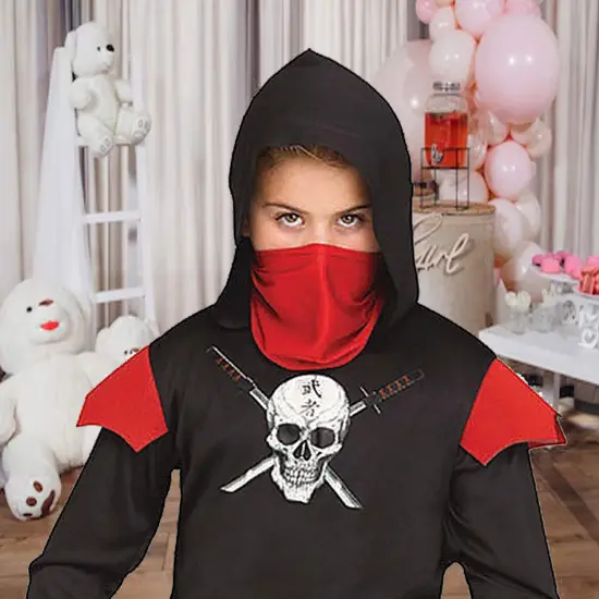 Skull Ninja Black Child Costume with Red Mask and Hooded Jumpsuit {1}