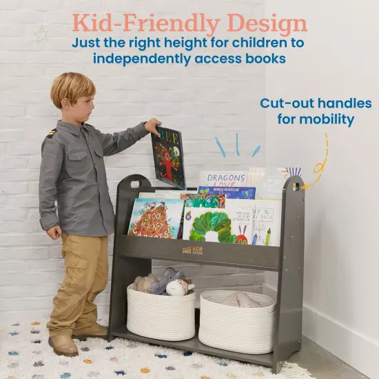 3-Shelf Floor Book Display with Handles and Storage, 30in, Classroom Storage Grey Wash {4}